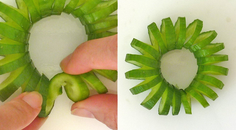 Quick food art with cucumber spiral, bend the spiral into a circle, finish