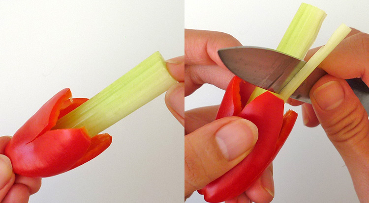 Easy vegetable carving, using celery to be pistils in the flower step 3