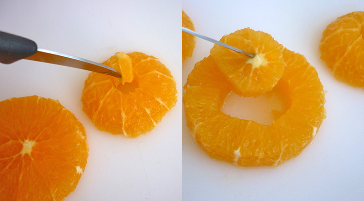 Orange art, Orange chain, slicing orange and making hole in the center step 6