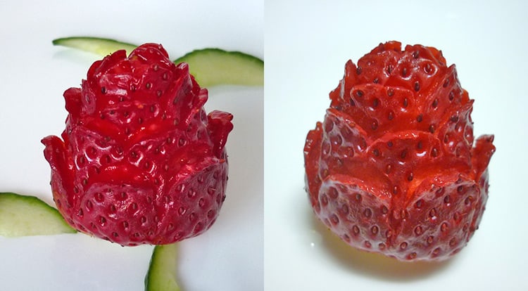 3 How to, Strawberry rose, trimmed the surface of a strawberry only