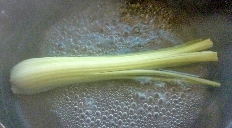 Food art with starry celery tree, soften celery stalk step 1