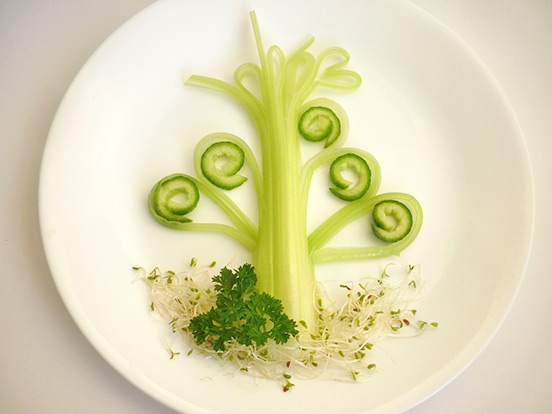 Food art with starry celery tree, decoration with alfalfa sprouts and parsley step 2