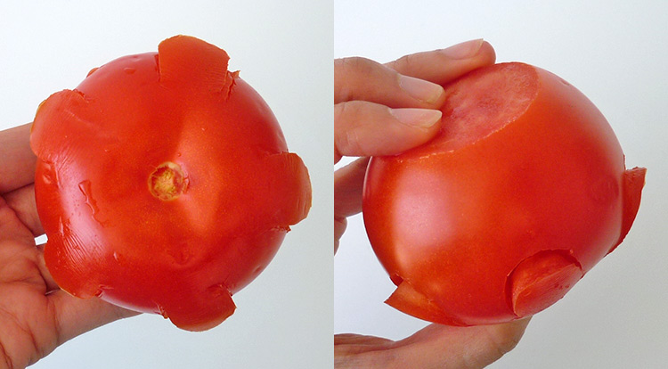 Food art with tomato, carving a tomato to be a saucer base, carving curves at bottom level of the tomato base step 6