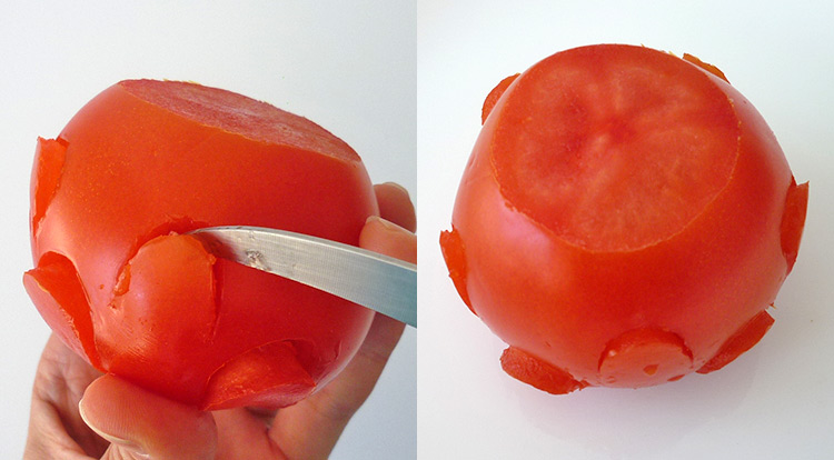 Food art with tomato, carving a tomato to be a saucer base, carving curves at top level of the tomato base step 2