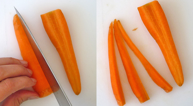 Food art with tomato, cutting carrot sticks, cutting a carrot with a narrow root step 1