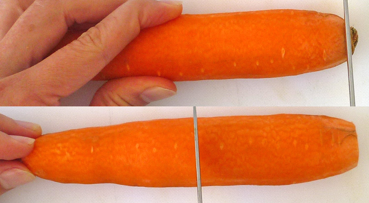 Food art with tomato, cutting carrot sticks, cutting a carrot without a narrow root step 1