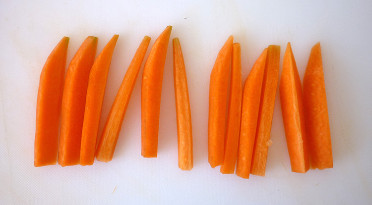 Food art with tomato, cutting carrot sticks, cutting a carrot without a narrow root step 4