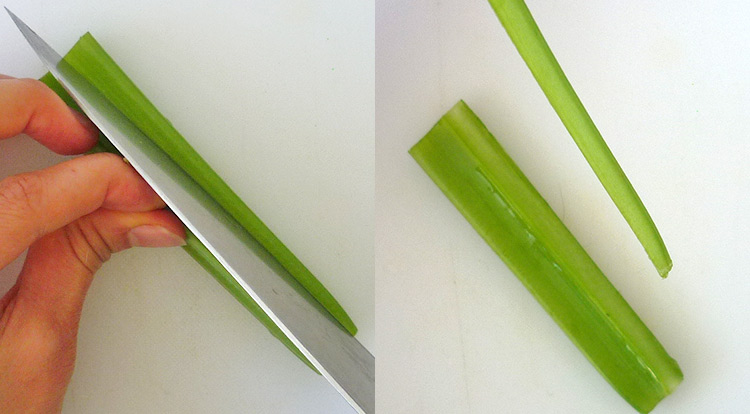 Food art with tomato, cutting celery sticks, celery stalk with a narrow end step 1
