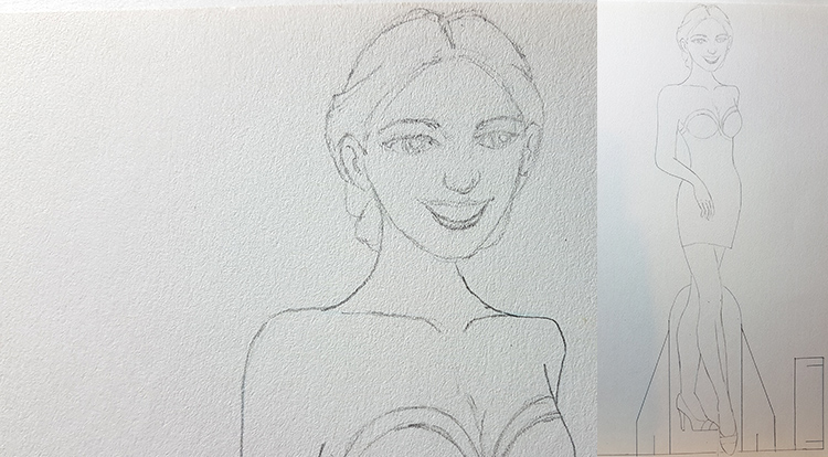 Drawing and painting art with handcraft: draw a lady wearing a blue slip dress 1/5 - final drawing