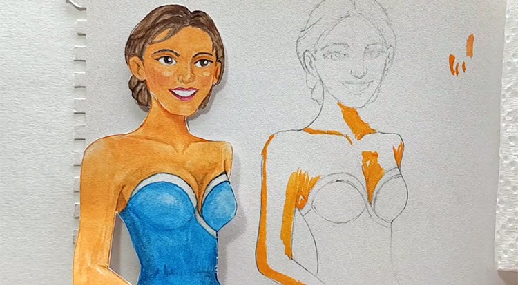 Drawing, Painting and Handcraft art: paint a lady wearing a pink slip dress with watercolor [2/5] -- paint her skin parts