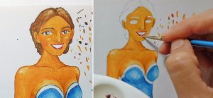 Paint a smiling face and draw cheeks with watercolor [blue 2/5]