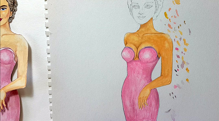 Drawing, Painting and Handcraft art: paint a lady wearing a pink slip dress with watercolour [2/5] -- paint darker color into her dress to create some shades