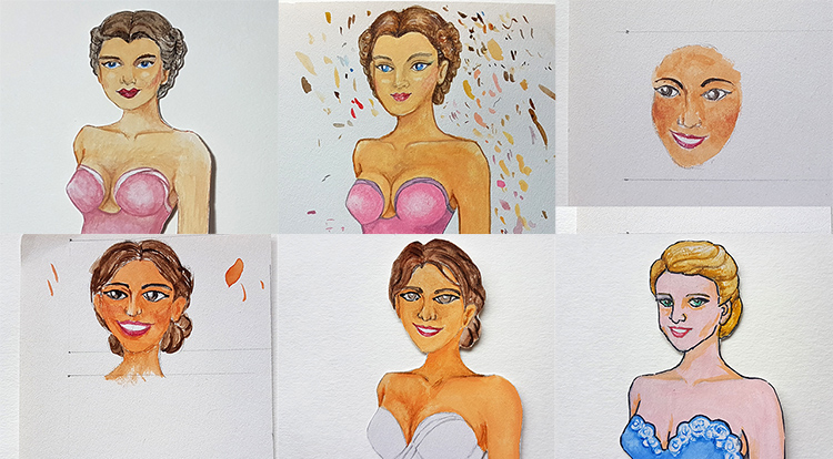 Drawing, Painting and Handcraft art: paint a lady wearing a pink slip dress with watercolour [2/5] --some practices for drawing her face.
