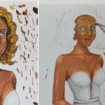 Paint an almond color skin lady with blonde hair in watercolor
