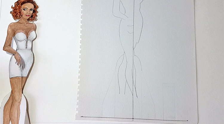 Drawing and painting art with handcraft: draw a lady wearing a white slip dress. Step 2-3- Draw the standing board